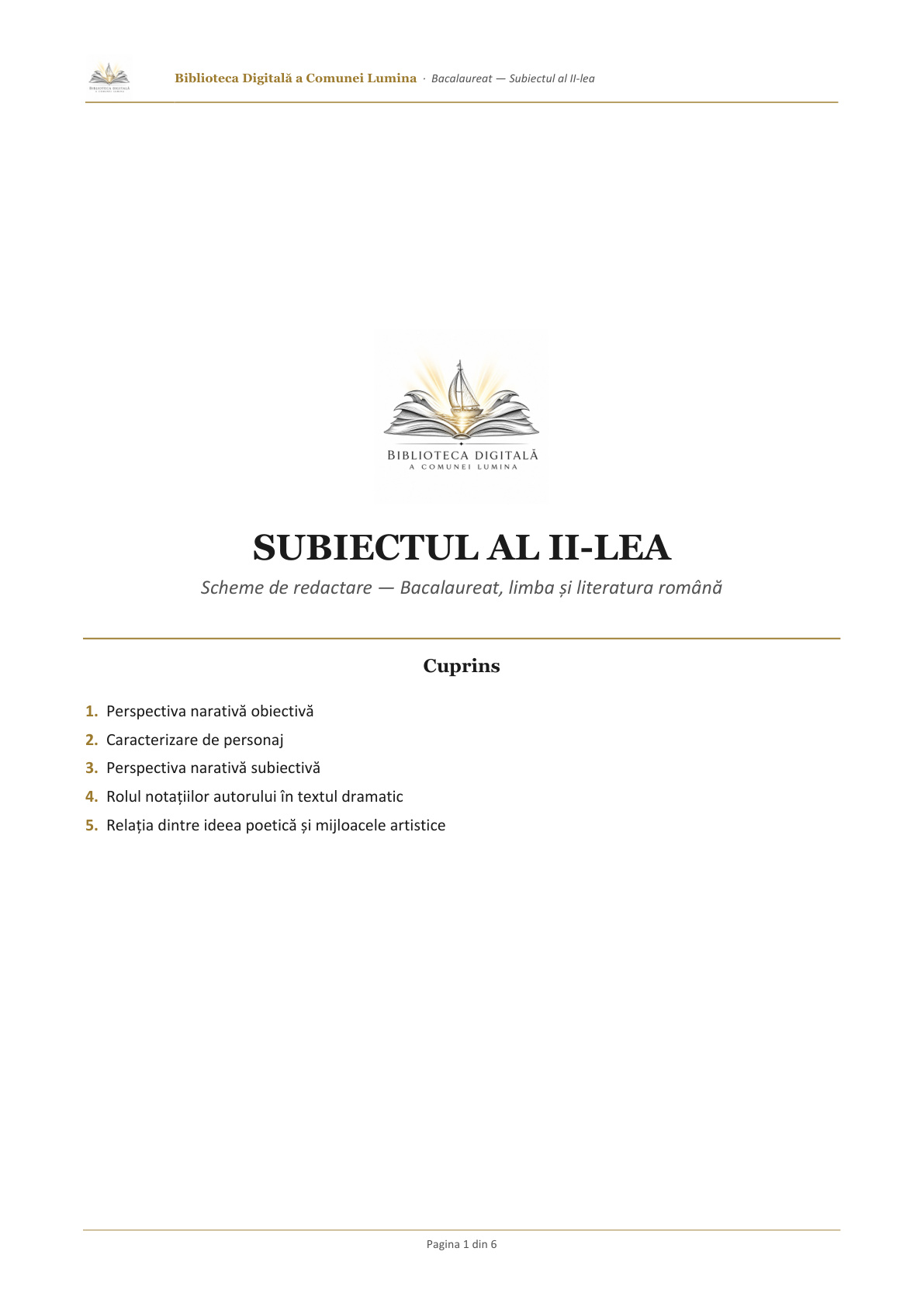 Subiectul al II-lea BAC Română — Schemă